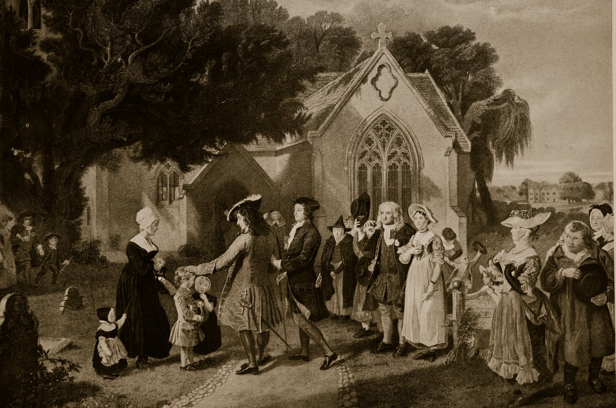 Sir Roger de Coverley, a „nézővel” templomba megy, bérlőivel körülvéve, illusztráció a „Hutchinson története a brit nemzetről”, 1923 körül alkotó: Charles Robert Leslie