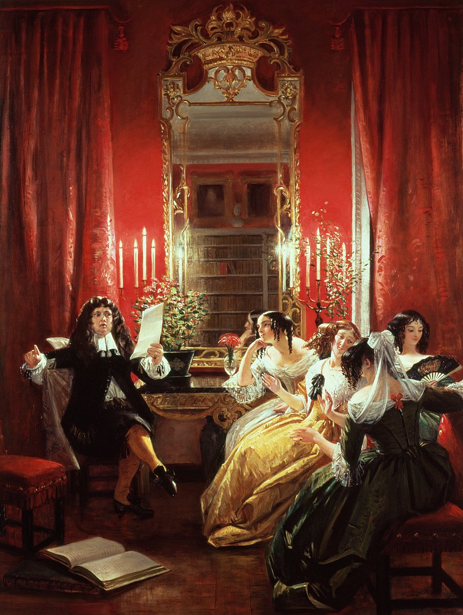 Trissotin szonettjét olvassa, Moliere (1622-73) „Les Femmes Savantes” című művéből, 1846 alkotó: Charles Robert Leslie