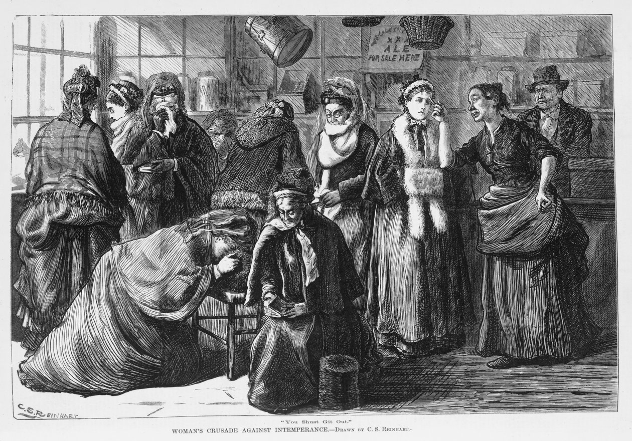 Női keresztes hadjárat a mértéktelenség ellen, kocsma. 1874 alkotó: Charles Stanley Reinhart
