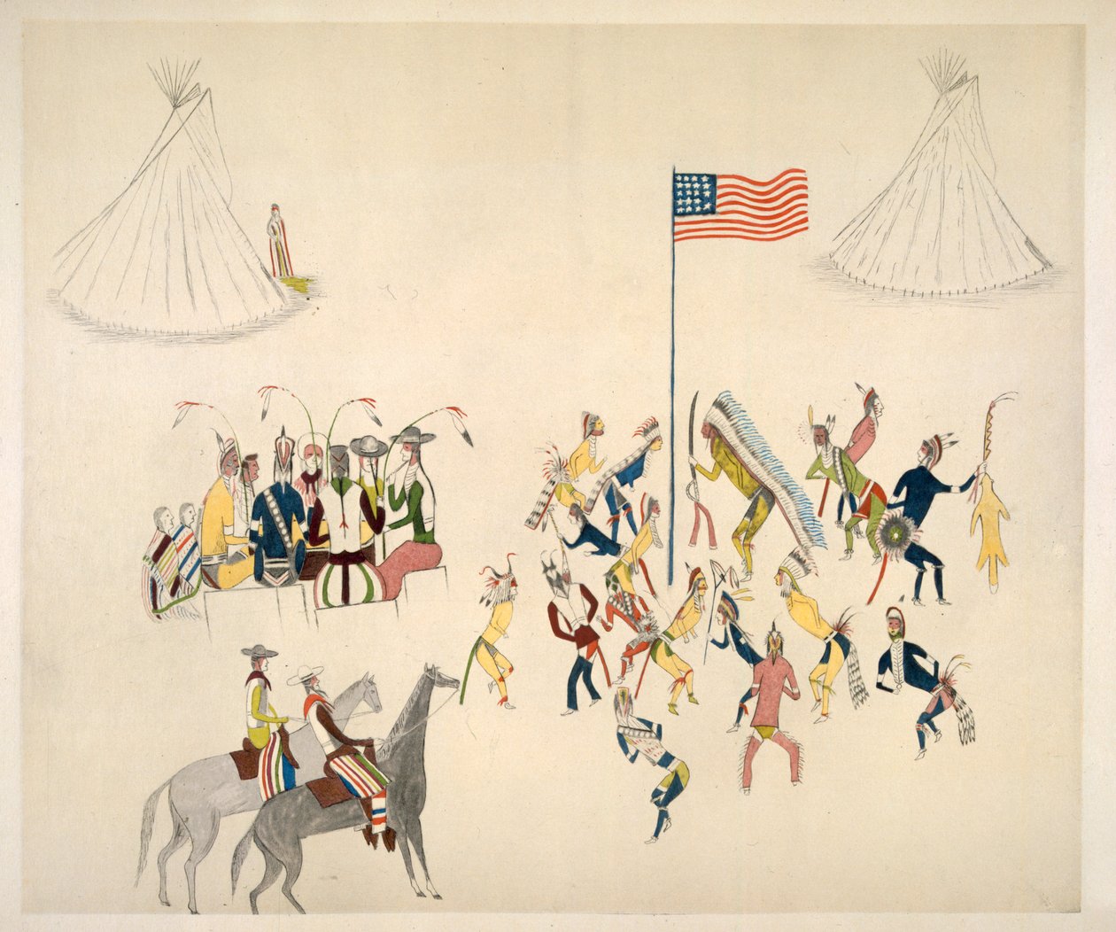 Shoshone tánc csak férfiak részvételével (pigment muszlinon) alkotó: Charles Washakie