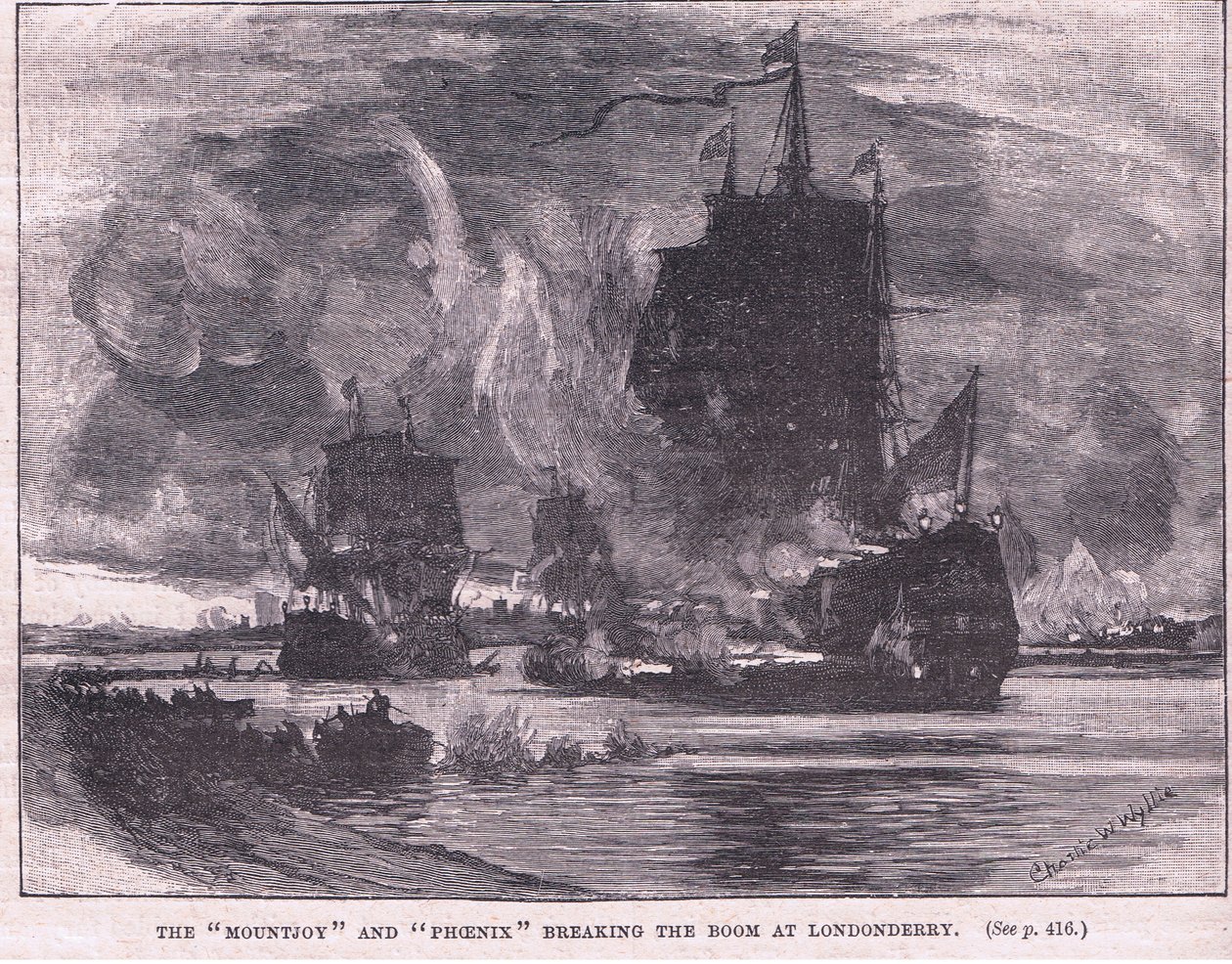 A „Mountjoy” és a „Phoenix” megtörte a konjunktúrát Londonderryben 1689-ben alkotó: Charles William Wyllie