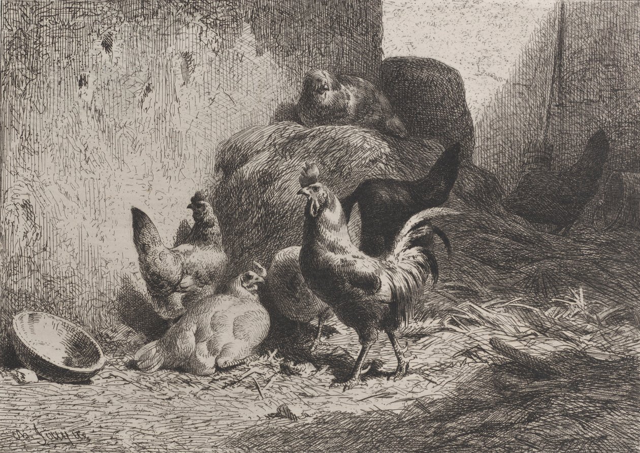 Kakas és tyúkok, 1864. alkotó: Charles Emile Jacque