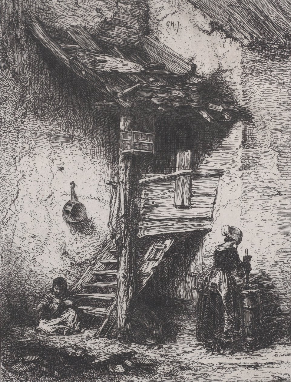 Lépcsők és nőcsordulás, 1845. alkotó: Charles Emile Jacque