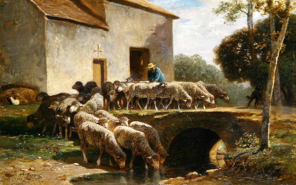 The Flock Leaving (olaj a panelen) alkotó: Charles Emile Jacque