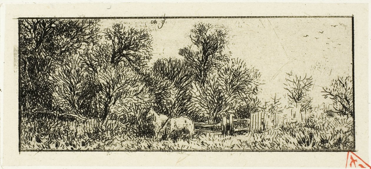 Két ló egy erdőben alkotó: Charles Emile Jacque