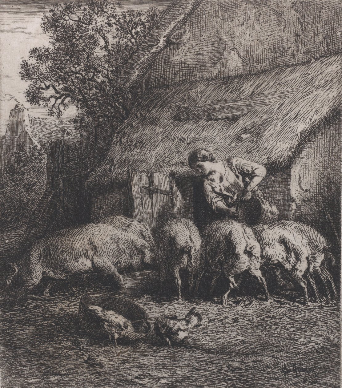 Disznót etető nő, 1850. alkotó: Charles Emile Jacque