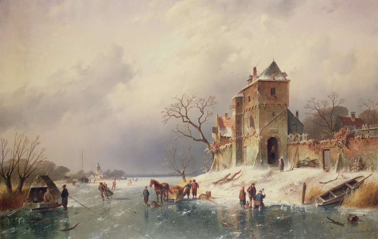 Fagyott téli jelenet, 19. század alkotó: Charles Henri Joseph Leickert