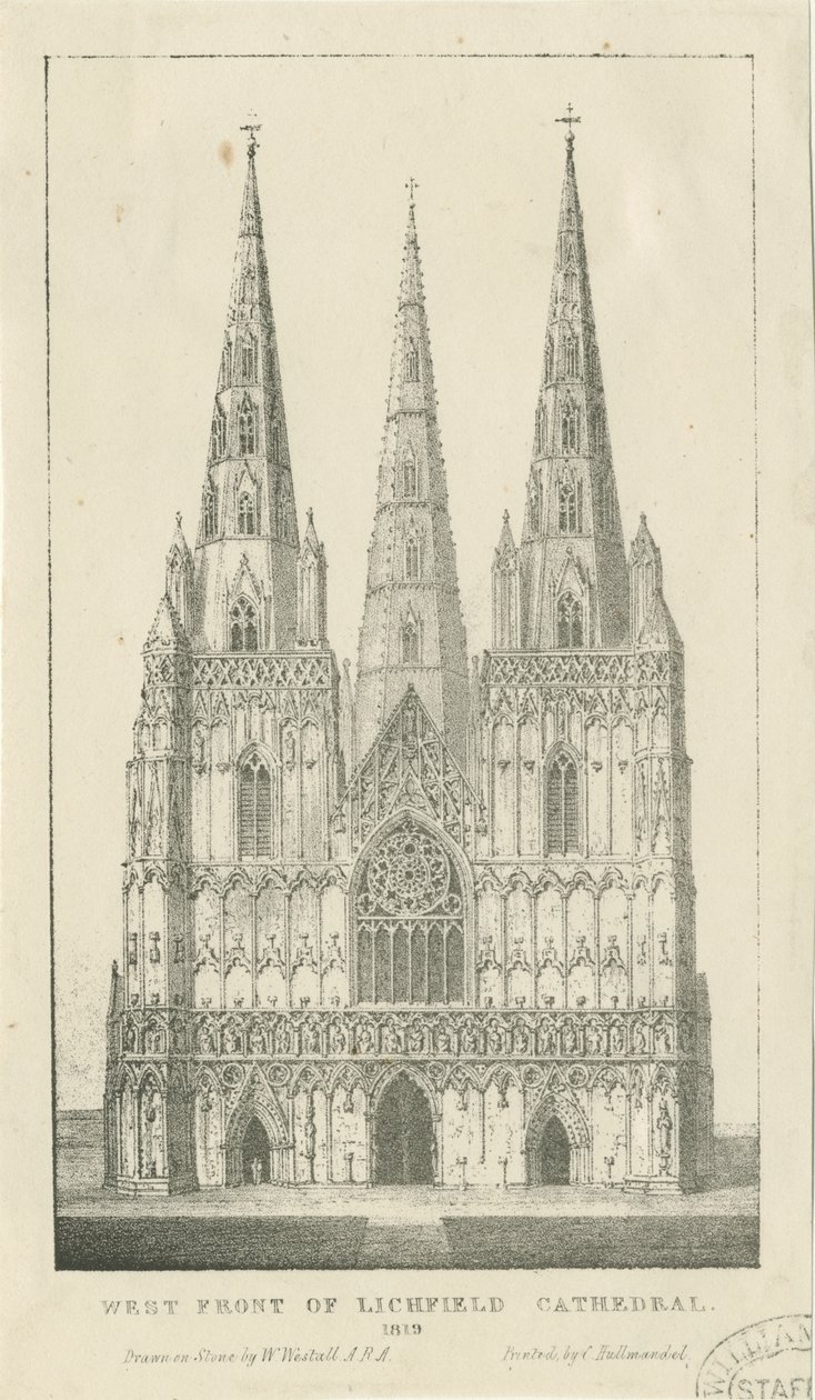 Lichfield katedrális - Nyugati front: metszet alkotó: Charles Joseph Hullmandel