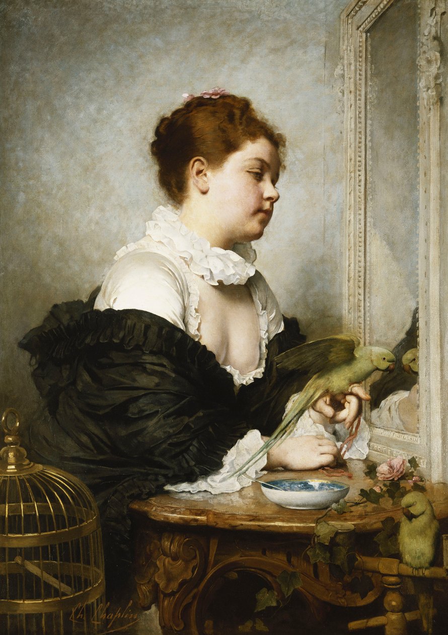 Egy fiatal lány papagájokkal, alkotó: Charles Joshua Chaplin