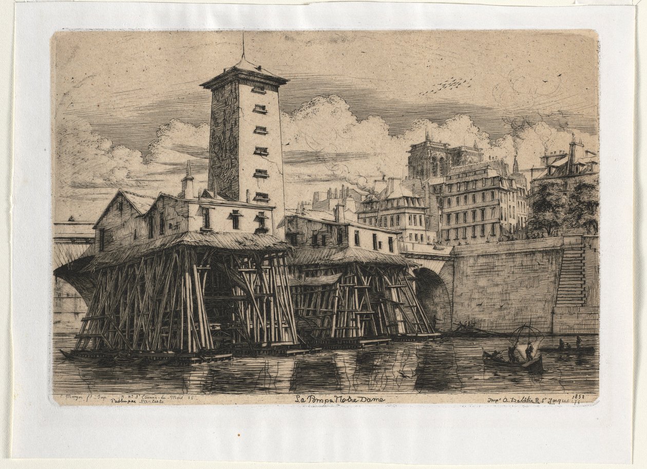 Notre Dame szivattyúház, Párizs, 1852. alkotó: Charles Meryon