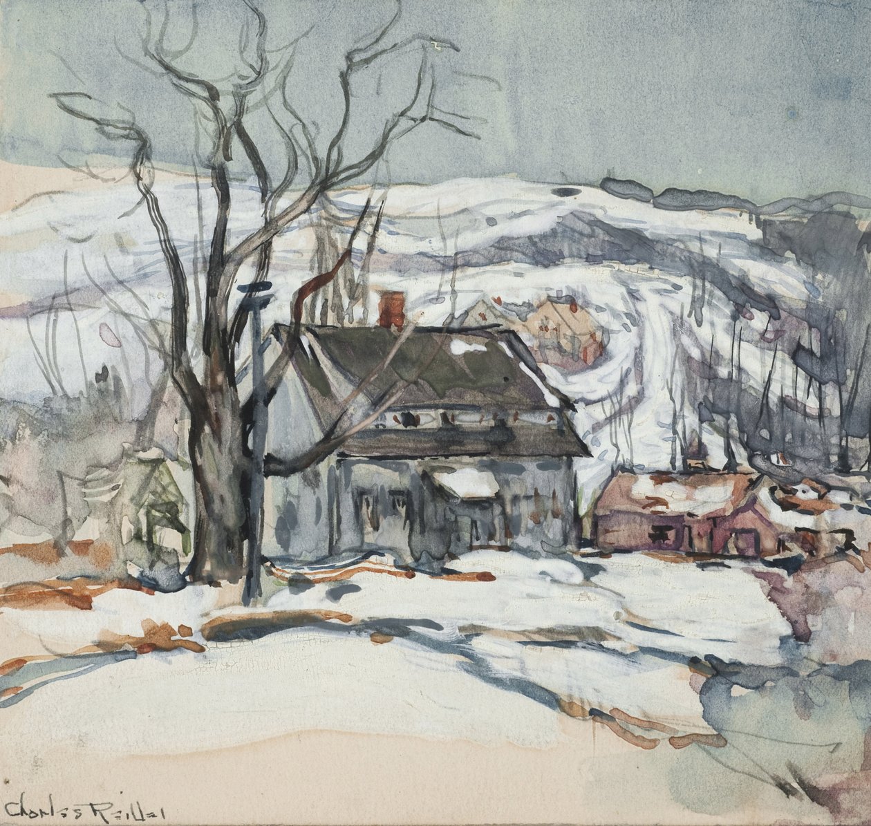 Ház és fa télen alkotó: Charles P. Reiffel