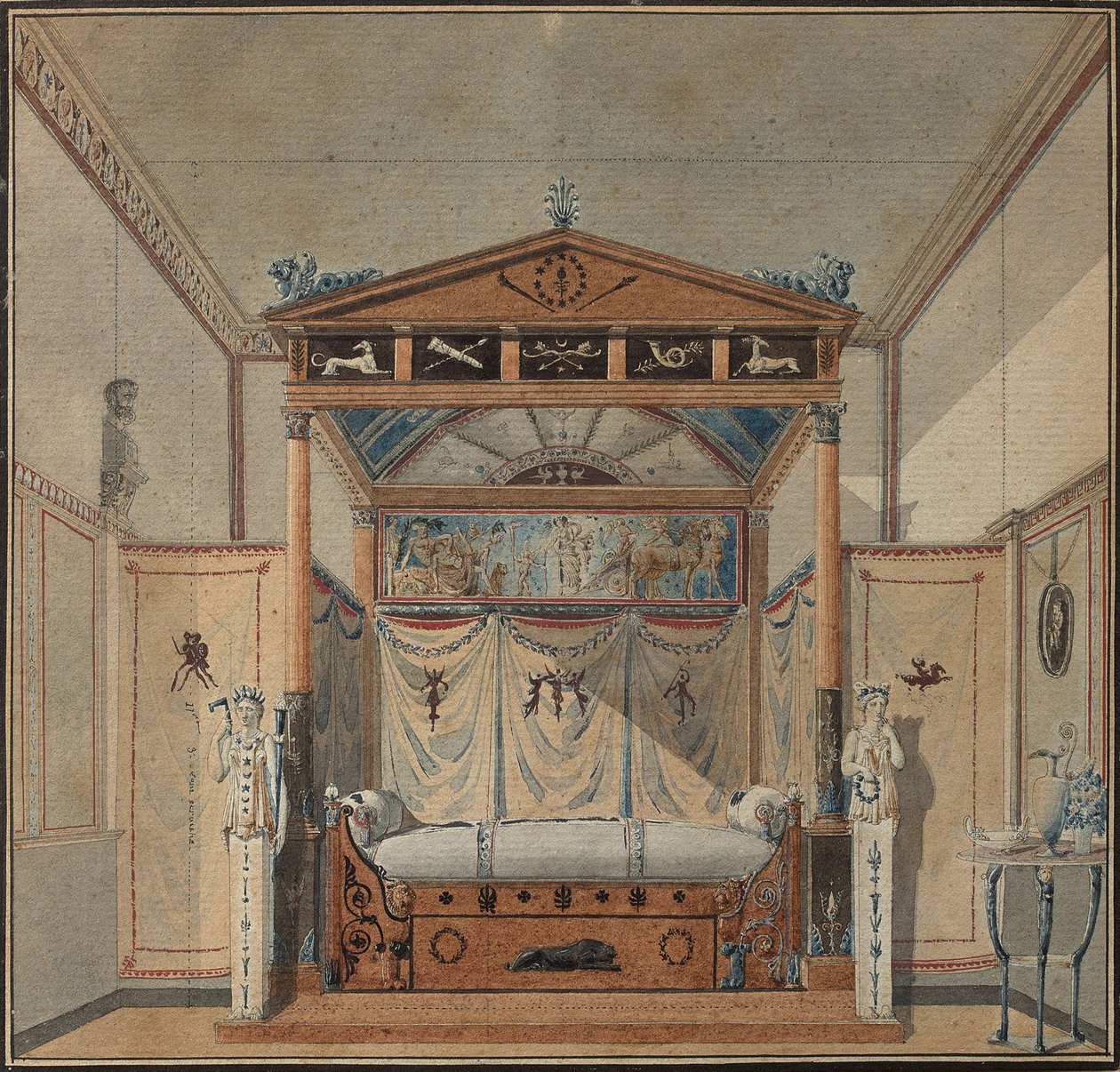 Az ágy kialakítása, c. 1800. alkotó: Charles Percier