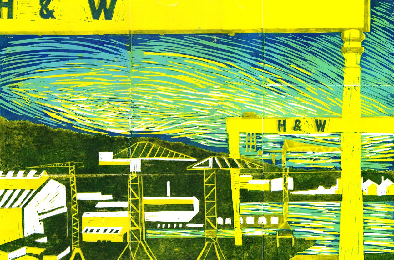 Harland & Wolff Cranes, Belfast, 2022 (linoprint) alkotó: Charlotte Orr