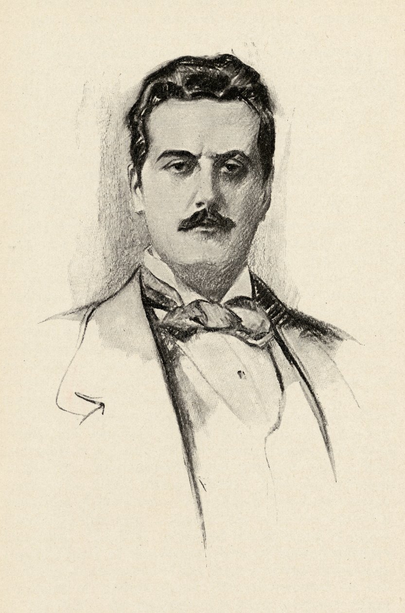 Giacomo Puccini (1858-1924) illusztrációja Olin Downes "The Lure of Music" című művéből, 1922. alkotó: Chase Emerson