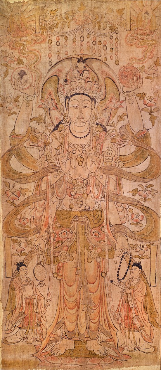 Avalokiteshvara kilenc fejjel és hat karral, Dunhuangból, Gansu tartományból, Tang-dinasztia (618-907) (toll és tinta a vásznon) alkotó: Chinese School
