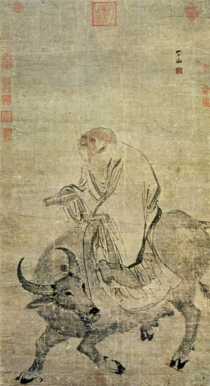 Lao-ce (Kr. e. 604-531) ökrén lovagló kínai, Ming-dinasztia (1368-1644) (tinta és wc selyemen) alkotó: Chinese School