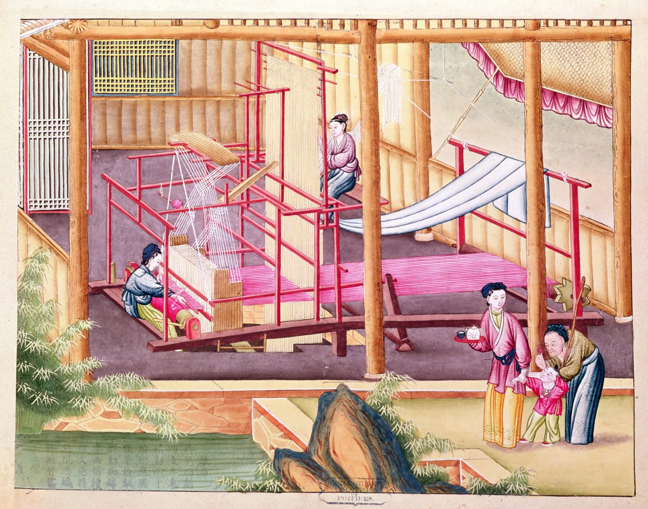 Ms 202 fol.10 Szövés, a selyemiparról szóló könyvből alkotó: Chinese School