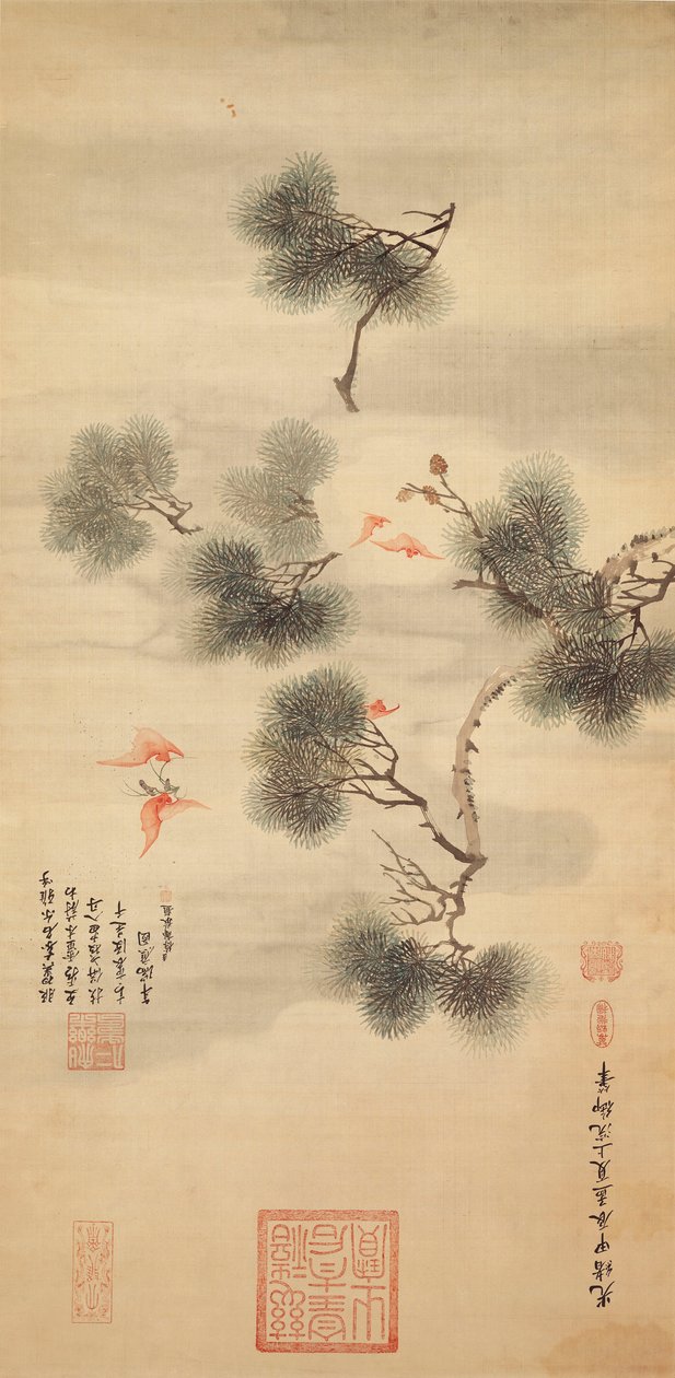 Öt denevér egy fenyőág között, 1844 alkotó: Chinese School