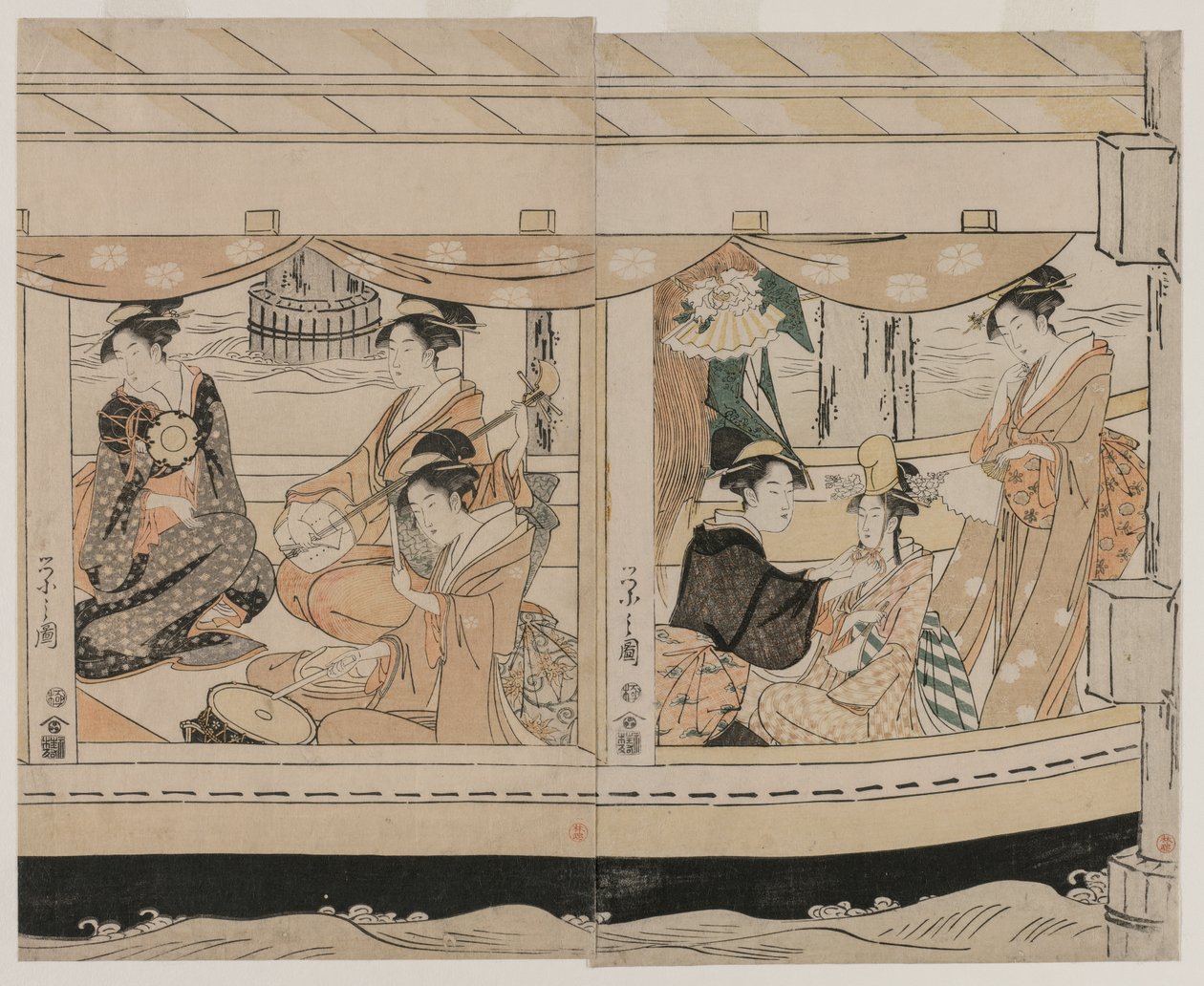 Csónakázás a Sumida folyón, az 1790-es évek közepe. alkotó: Chobunsai Eishi