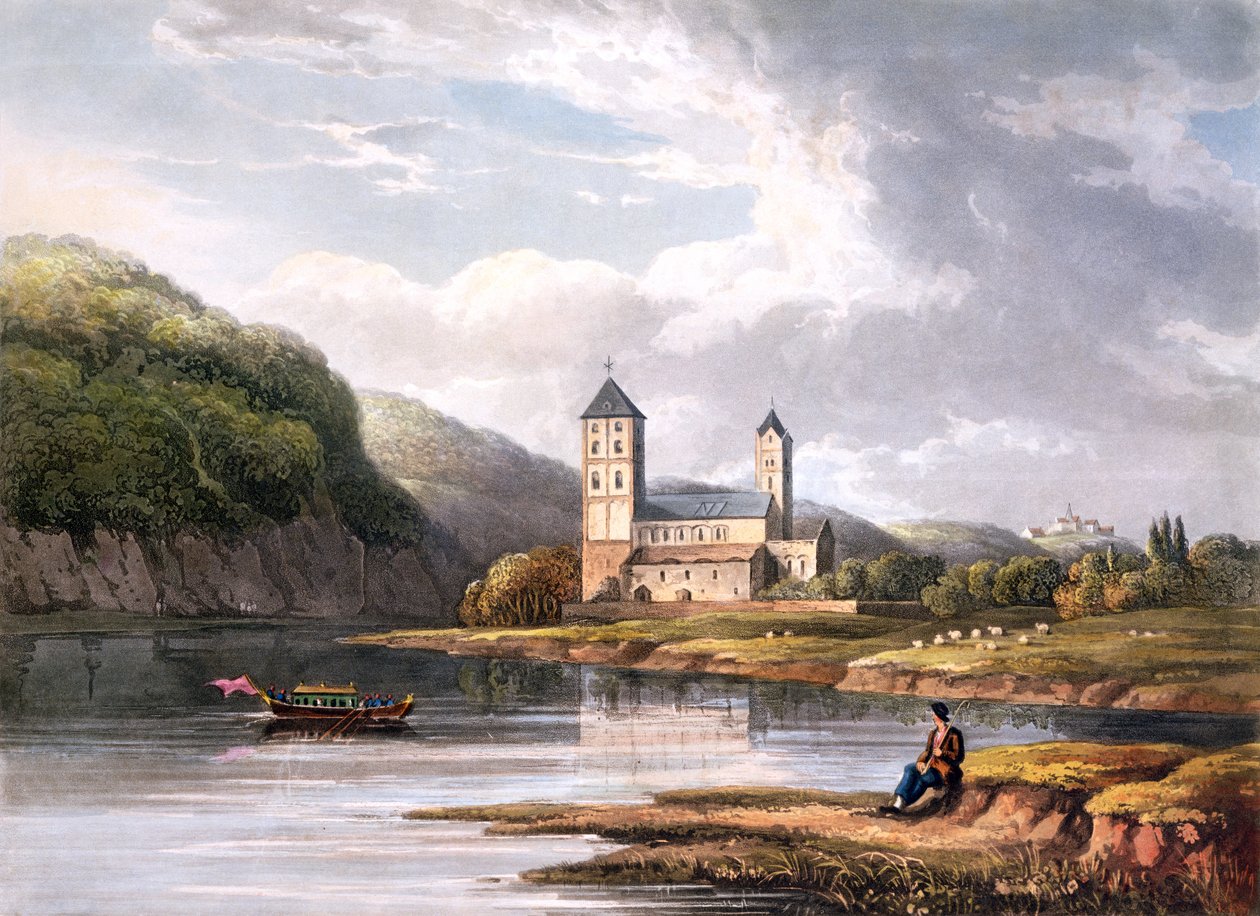 Johannes-templom a Lahn beáramlásánál, T. Sutherland metszetében, az „Egy festői túra a Rajna mentén, Mentztől Kölnig” című könyvéből, R. Ackermann, London, 1819 alkotó: Christian Georg II Schutz or Schuz