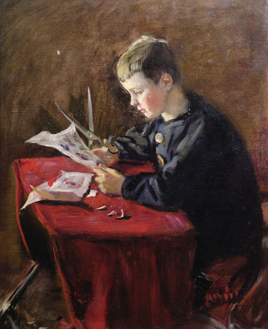 Fiú karácsonyi díszeket vág alkotó: Christian Krohg