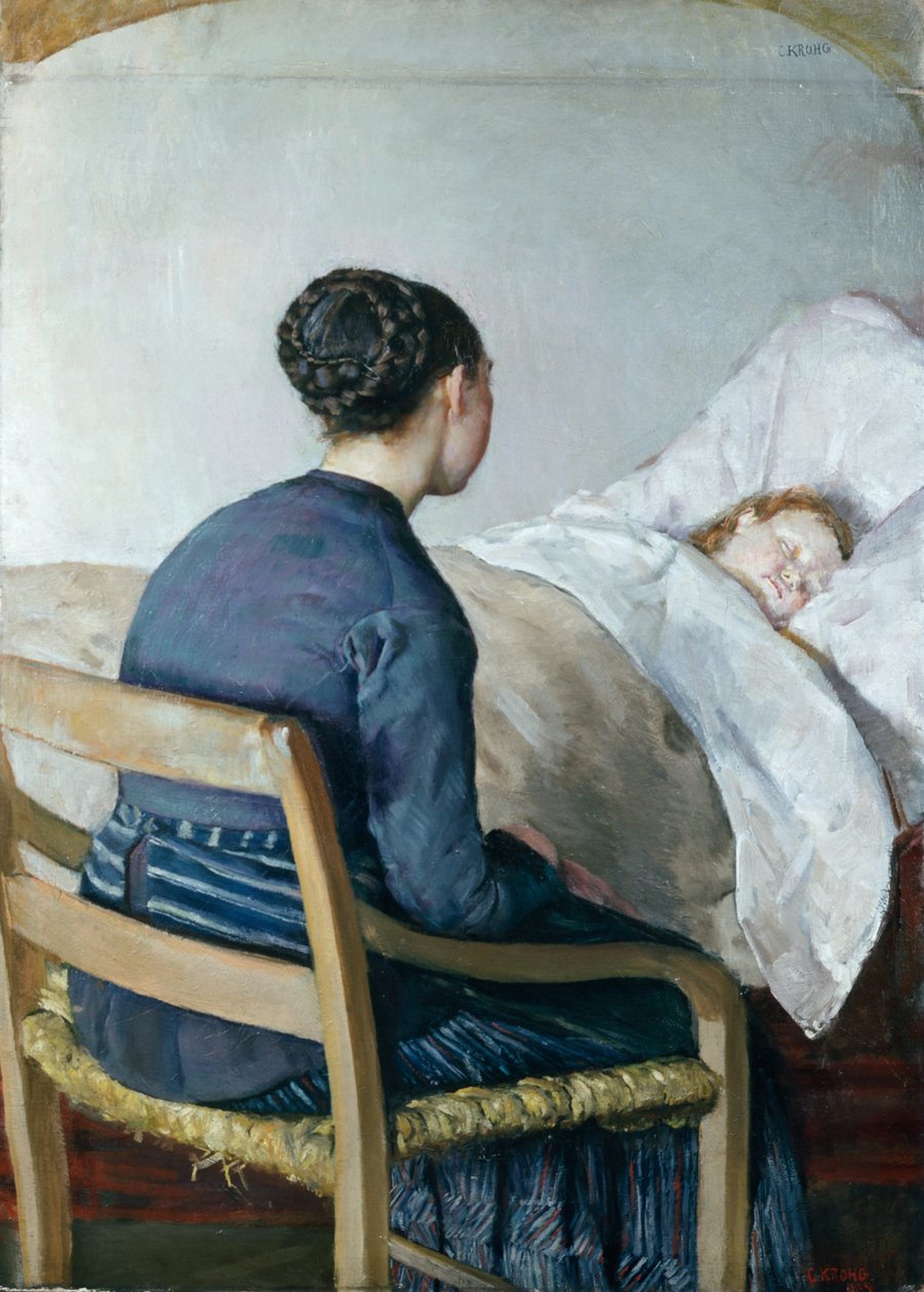 Anya beteg gyermeke ágyánál alkotó: Christian Krohg