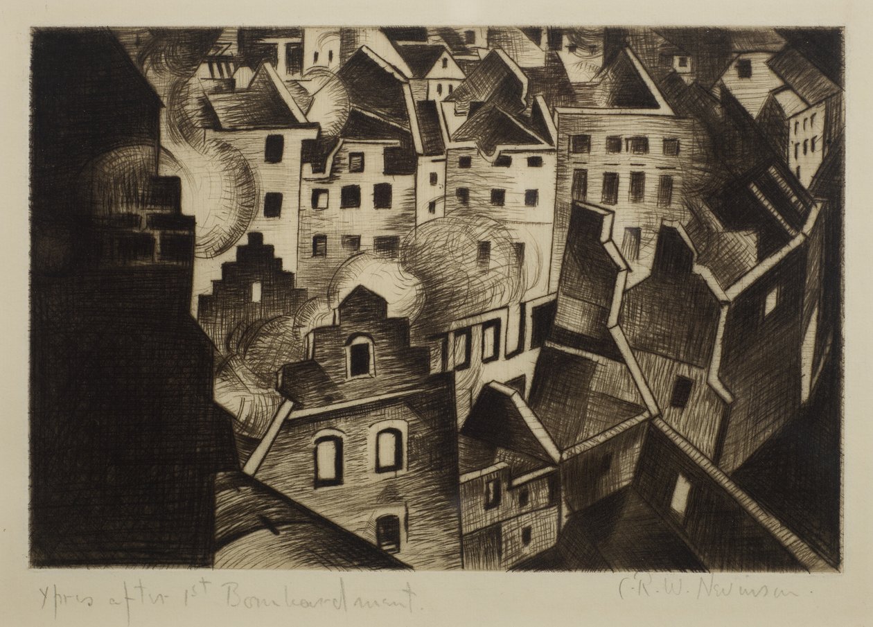 Ypres az 1. bombázás után, 1916 (száraztű) alkotó: Christopher Richard Wynne Nevinson