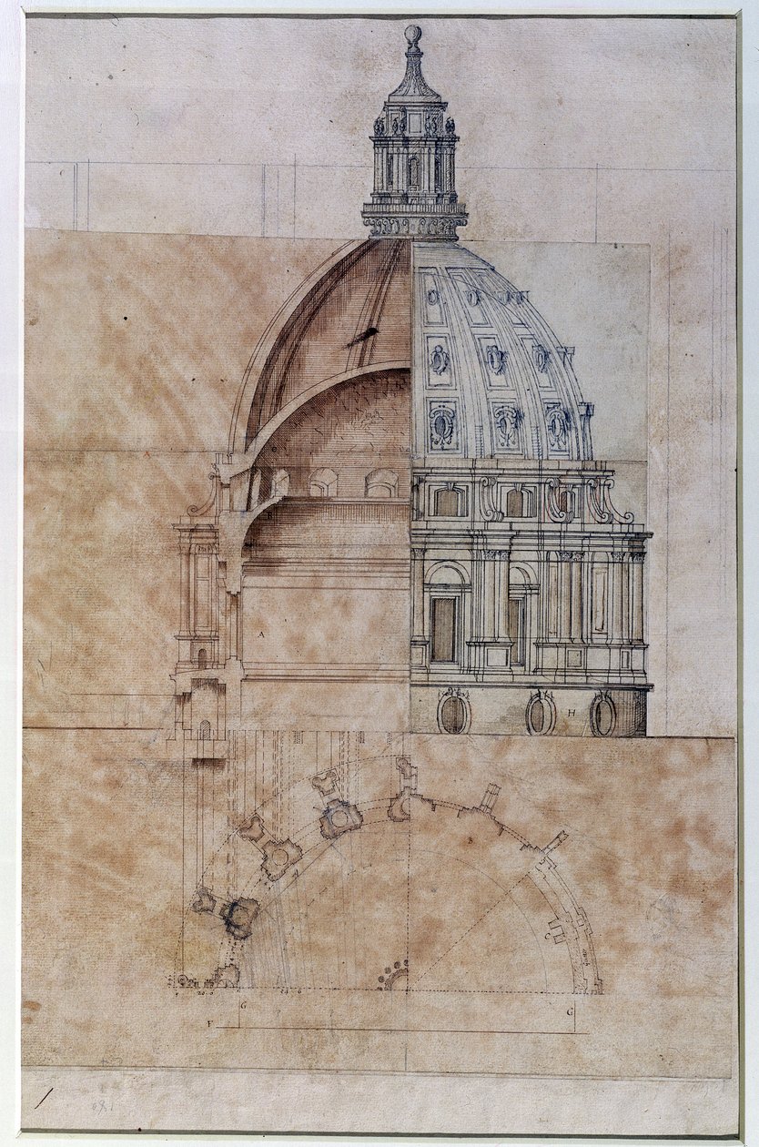A „végleges terv”: a Szent Pál-székesegyház kupolájának metszete, domborzata és félterve alkotó: Christopher Wren