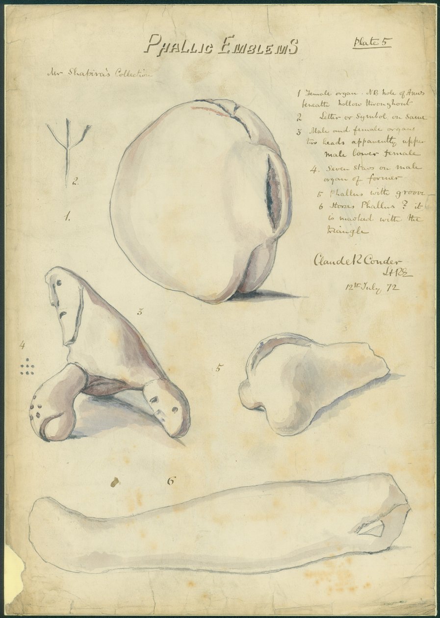 Fallikus jelképek, Shapira úr gyűjteménye, 5. tábla, 1872 (wc és ceruza, papír) alkotó: Claude Conder
