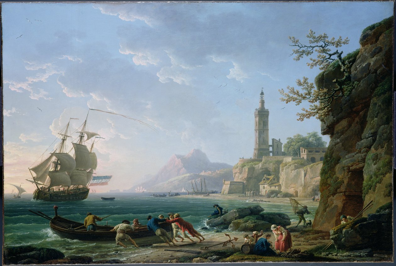 Claude-Joseph Vernet. Tengerparti táj a Földközi-tengeren. Holland kereskedelmi hajó egy öbölben. alkotó: Claude Joseph Vernet