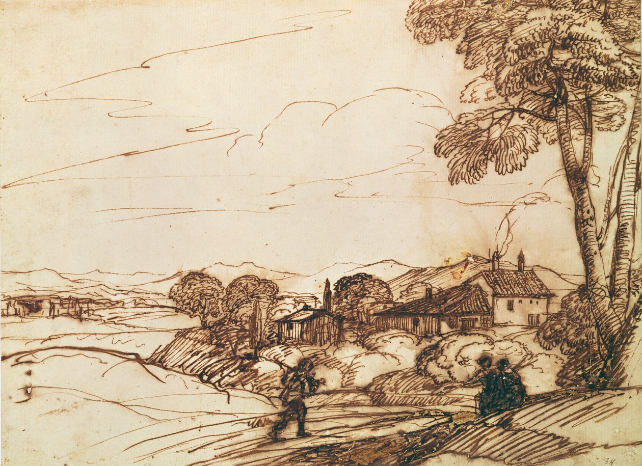 Tájkép (toll és bistre és mosás papíron) alkotó: Claude Lorrain