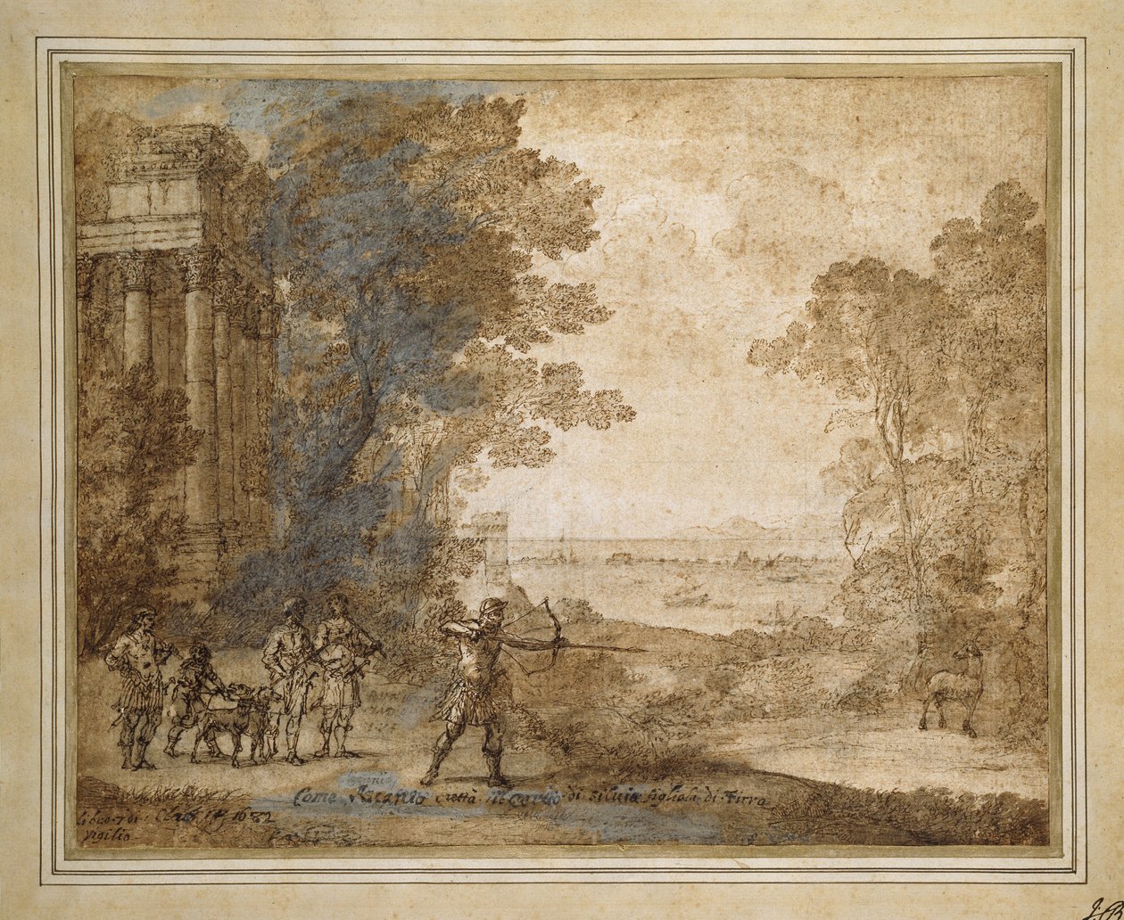 Tájkép Ascaniusszal, aki Sylvia szarvasát lövi, 1680-82 (halvány fekete kréta tollal és barna tintával, barna mosás és fehér testszín) alkotó: Claude Lorrain
