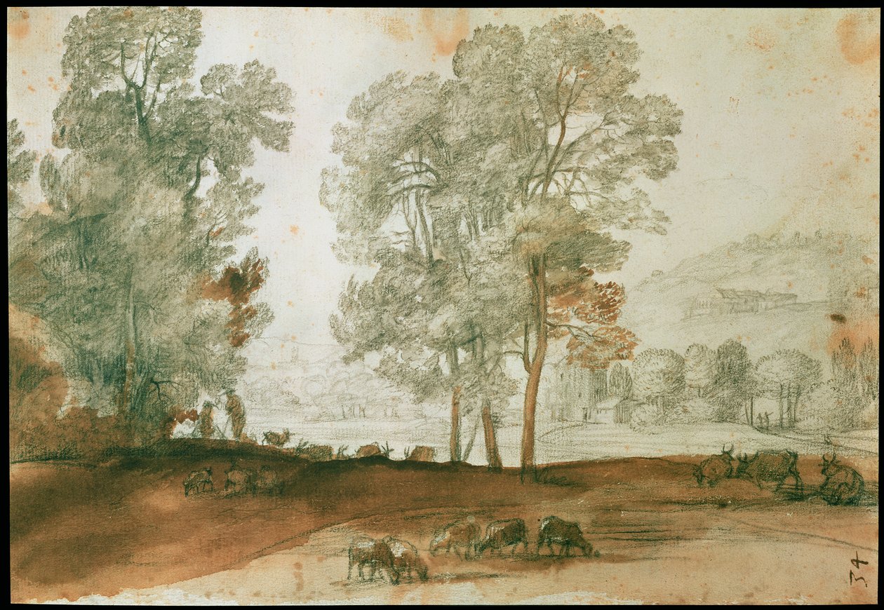 Pastorális táj (fekete kréta és mosás, papír) alkotó: Claude Lorrain