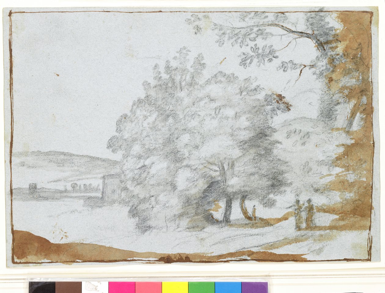 Napsütötte táj fákkal (fekete kréta és barna mosás papíron) alkotó: Claude Lorrain