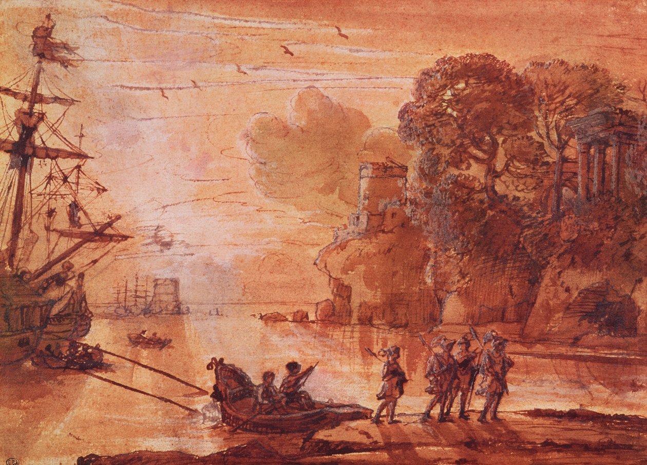 Harcosok partraszállása egy kikötőben, esetleg Aeneas Latiumban, 1660-65 (toll és tinta mosás gouache-val papíron) alkotó: Claude Lorrain