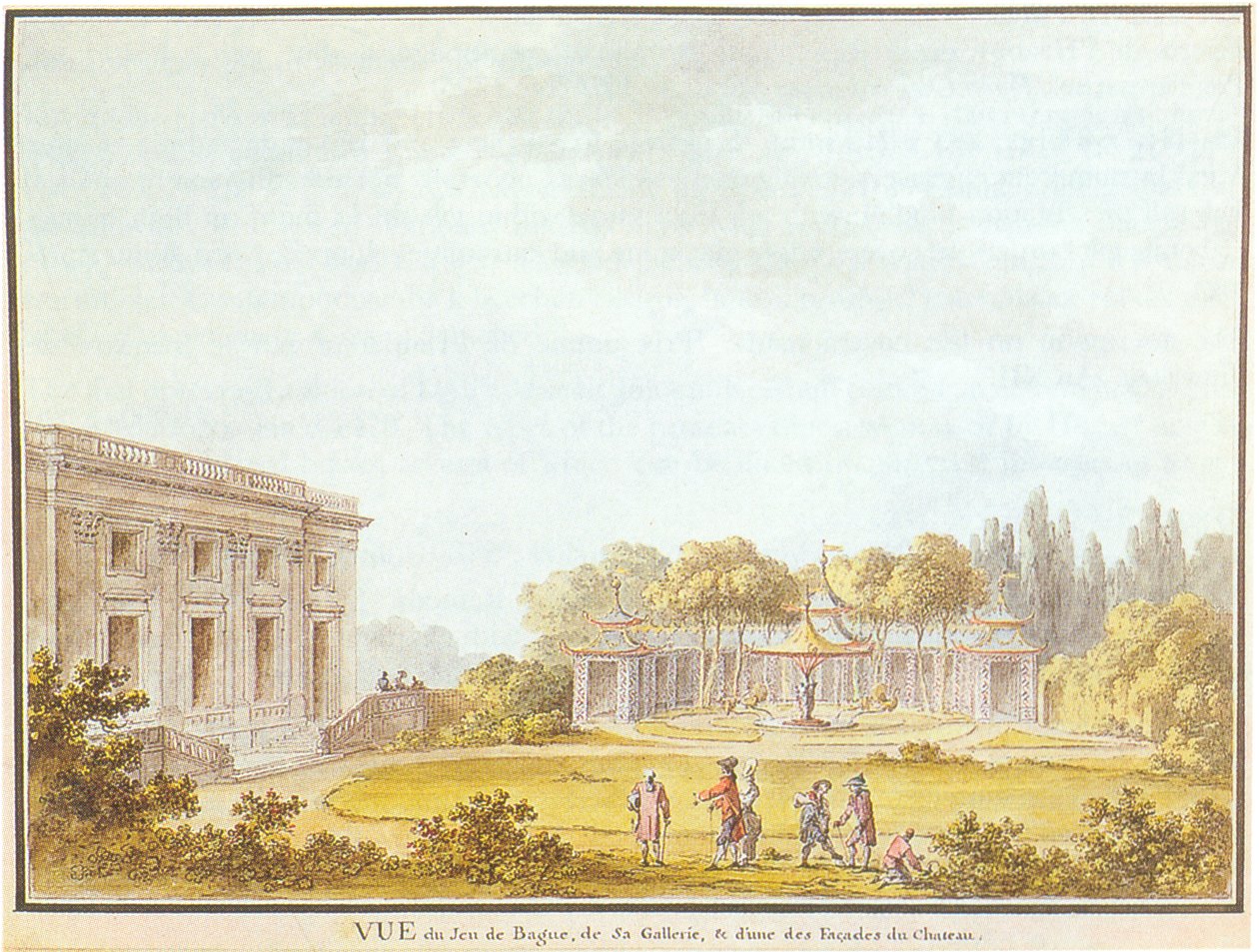 Kilátás a Jeu de Bague -re, a galériára és a Château egyik homlokzatára alkotó: Claude Louis Chatelet