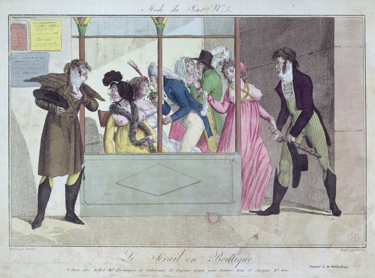 Prostituáltak a Palais-Royalban, a Mode du Jour-ból, Fortier metszet, 19. század eleje (kézzel színezett metszet) alkotó: Claude Louis Desrais