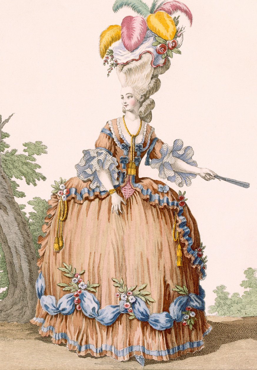 Fiatal lány csinos nyári délutáni ruhában, Dupin metszetével, 19-es tábla a „Galeries des Modes et Costumes Francais”-ból, 1789 alkotó: Claude Louis Desrais