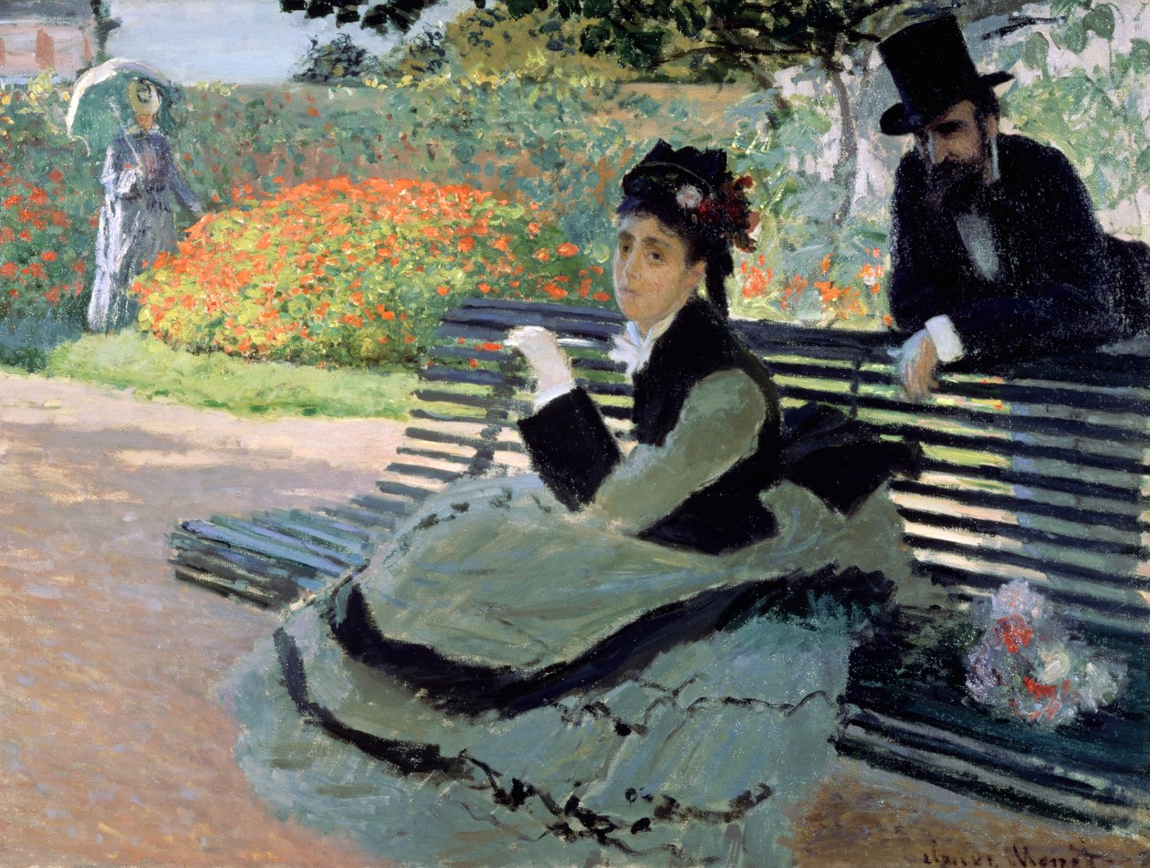 Madame Monet egy kerti padon alkotó: Claude Monet