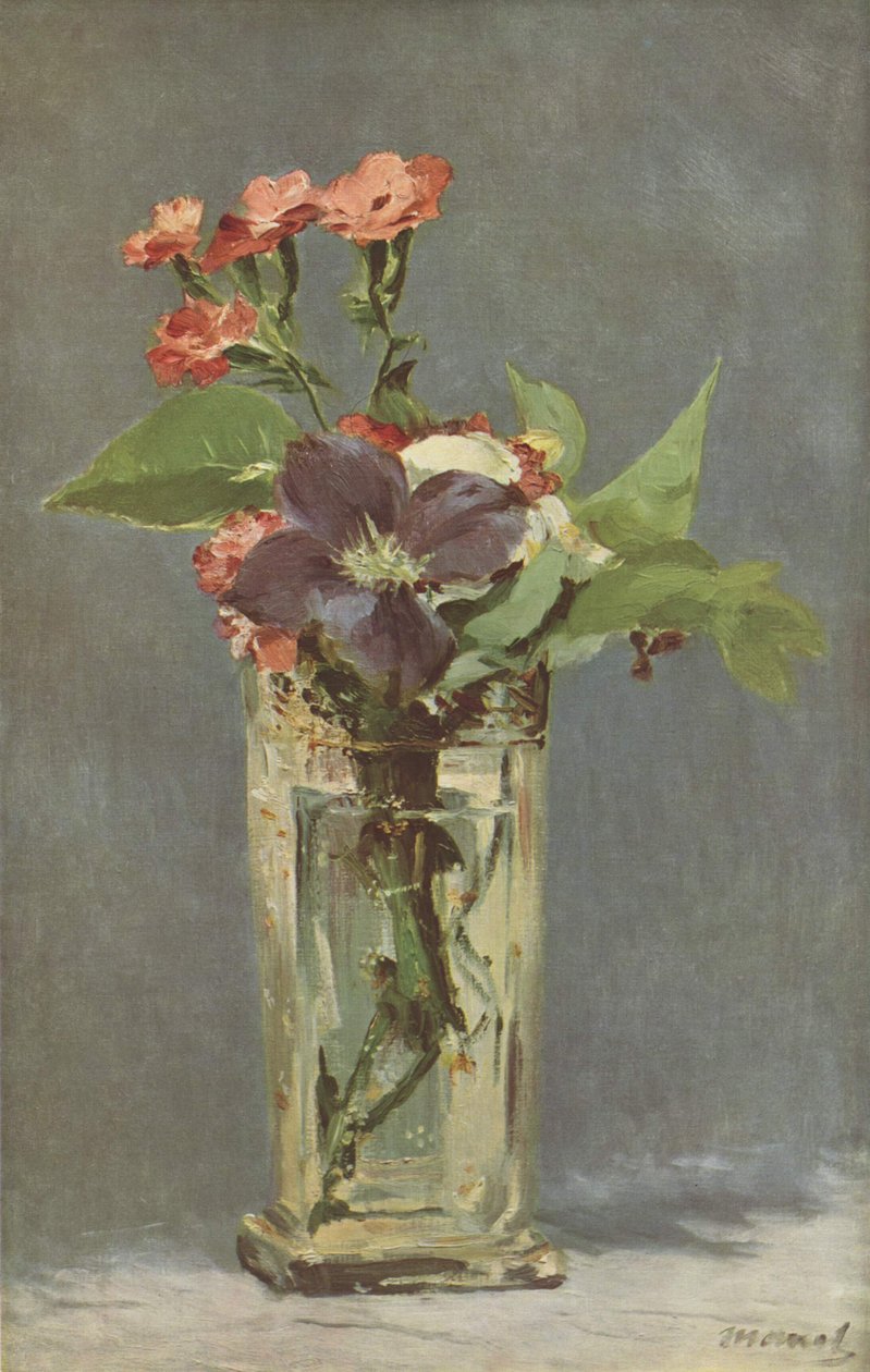 Szegfű és klematisz kristályvázában alkotó: Claude Monet