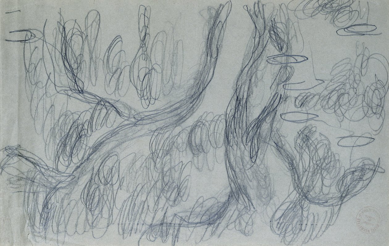 Reflections of Willows, 1918 körül (fekete zsírkréta kékesszürke papíron) alkotó: Claude Monet