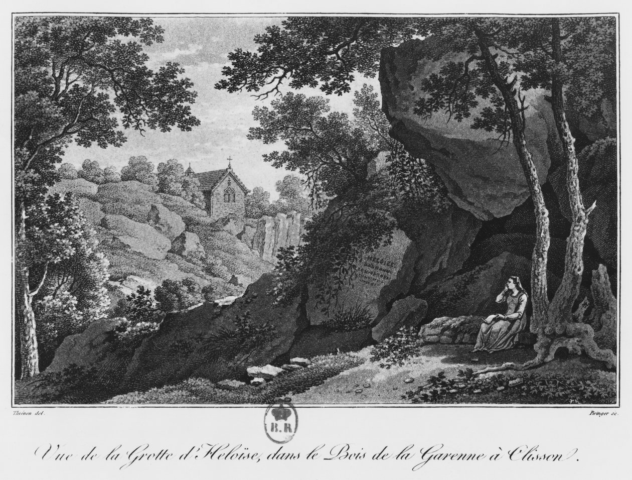 Kilátás a Heloise-barlangra a La Garenne parkban Clissonban, illusztráció a „Festői utazás a bocage de la Vendee-ben vagy kilátás Clissonra és környékére”, 1817 (akvatinta) alkotó: Claude Thienon