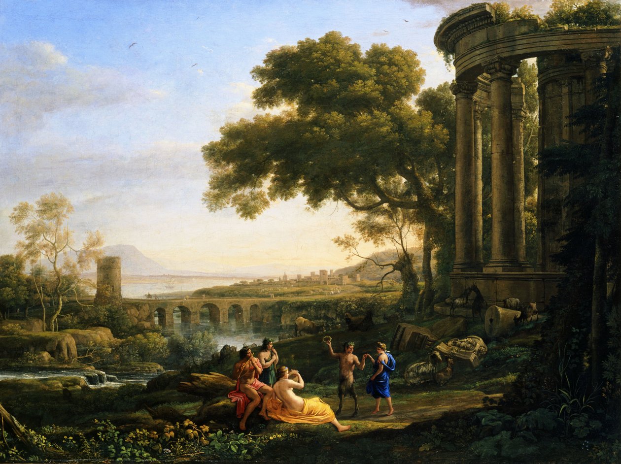 Tájkép nimfával és szatírral táncolva alkotó: Claude Lorrain