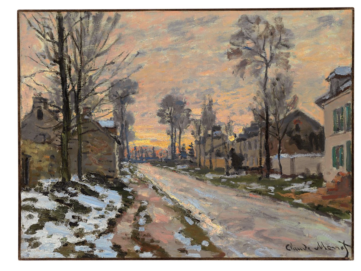 Út Louveciennes-be, olvadó hó, lenyugvó nap, 1869-70 körül alkotó: Claude Monet
