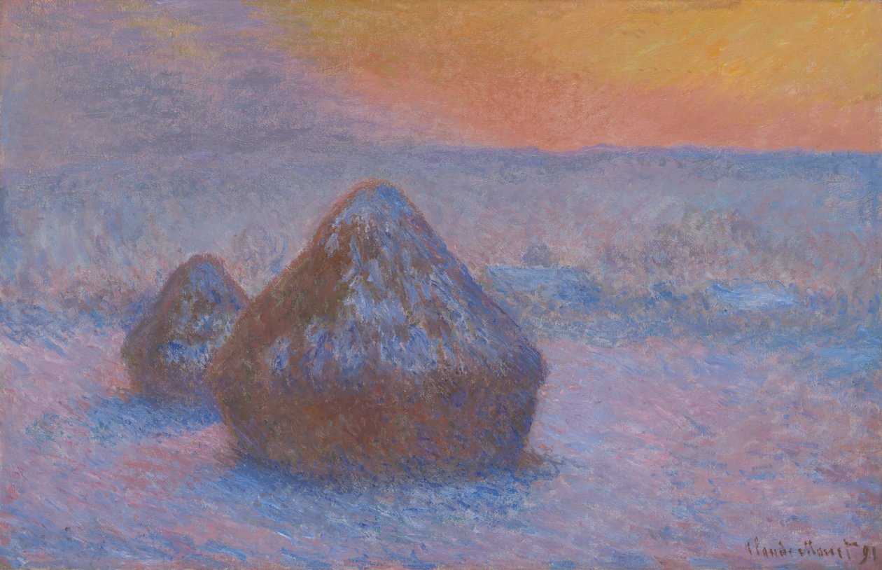 Búzahalom (naplemente, hóhatás) alkotó: Claude Monet