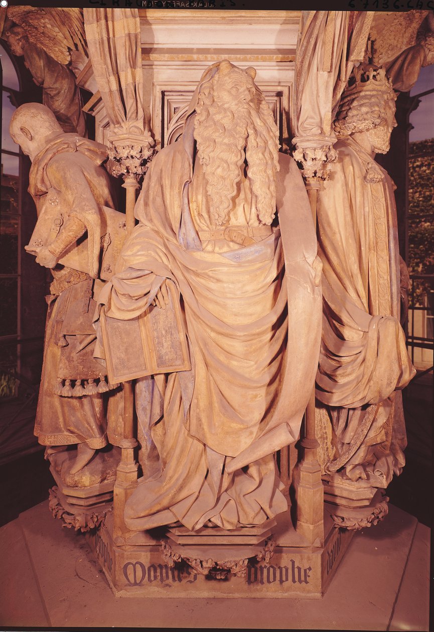 Mózes, részlet a Mózes-kút hatszögletű talapzatáról, 1395-1404. alkotó: Claus and Malouel, Jean Sluter