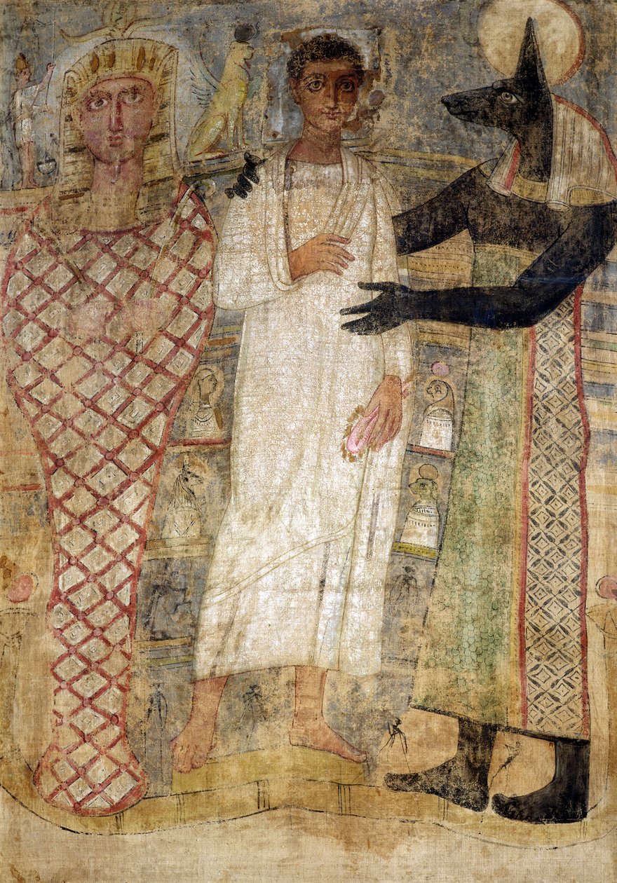 Az elhunyt és múmiája, amelyet Anubisz véd (enkausztikus viasz vászonra) alkotó: Coptic