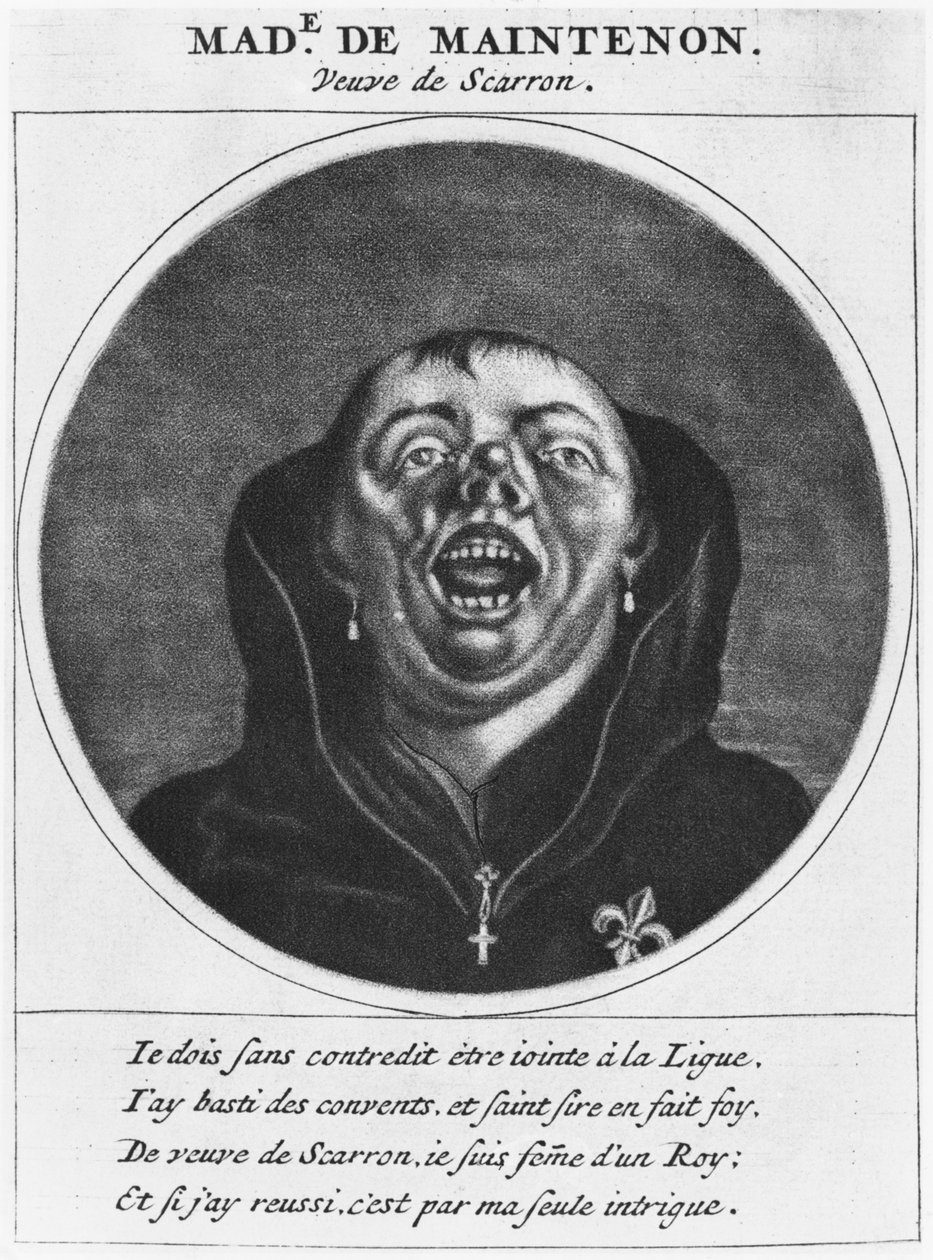 Madame de Maintenon protestáns karikatúrája, illusztráció a „Les Heros de La Ligue vagy La Procession monacale-ból, XIV. Lajos vezetésével, királysága protestánsainak megtérésére”, Paris, Che alkotó: Cornelis and Gole, Jacob Dusart