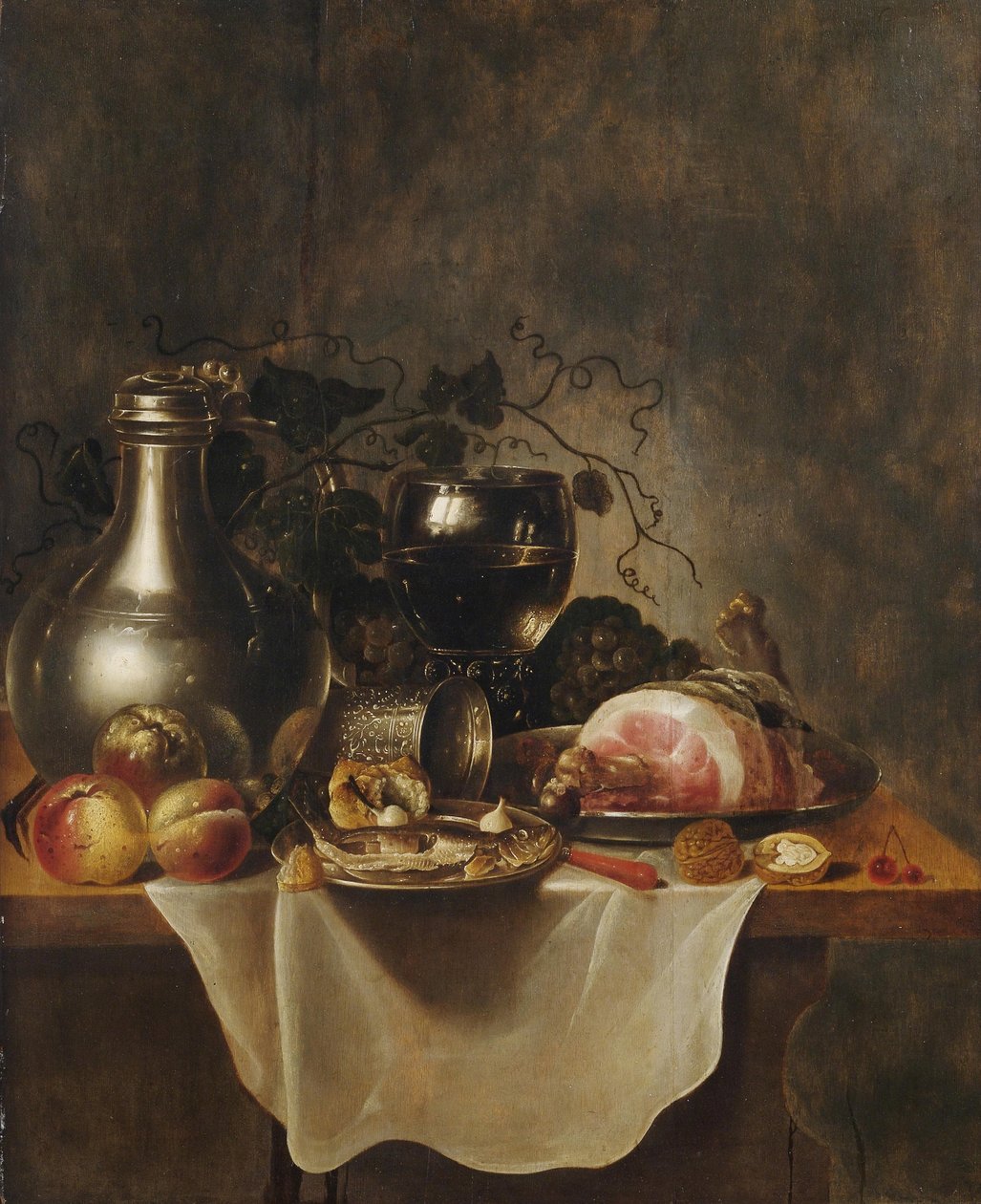 Csendélet ónkancsóval, roemer pohárral és sonkával, olaj, panel alkotó: Cornelis Cruys