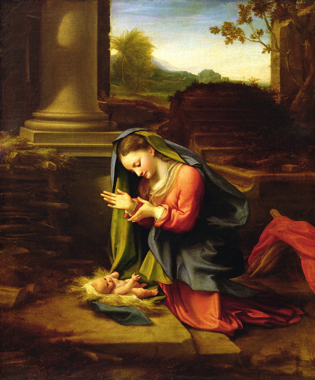 A Gyermeket imádó Szűzanya, 1518-20 körül alkotó: Antonio da Correggio